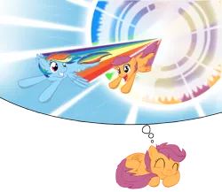 Size: 2880x2501 | Tagged: safe, artist:from-yesterday-xx, derpibooru import, rainbow dash, scootaloo, pegasus, pony, dream, duo, female, filly, flying, high res, mare, sleeping, smiling, sonic rainboom