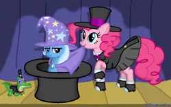 Size: 1920x1200 | Tagged: safe, artist:deathpwny, derpibooru import, gummy, pinkie pie, trixie, earth pony, pony, unicorn, bunny out of the hat, clothes, dapper, female, hat, magic trick, mare, stage, top hat, unamused