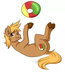 Size: 980x1075 | Tagged: dead source, safe, artist:cartoonlion, derpibooru import, oc, oc:beach ball, unofficial characters only, earth pony, pony, beach ball, dock, ear piercing, female, mare, on back, one eye closed, piercing, simple background, solo, tongue out, white background