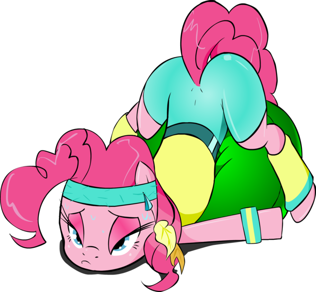 Size: 1735x1604 | Tagged: safe, artist:zev, derpibooru import, pinkie pie, earth pony, pony, aerobics, clothes, cute, diapinkes, face down ass up, female, headband, lidded eyes, mare, prone, simple background, solo, sweat, tired, transparent background, wristband