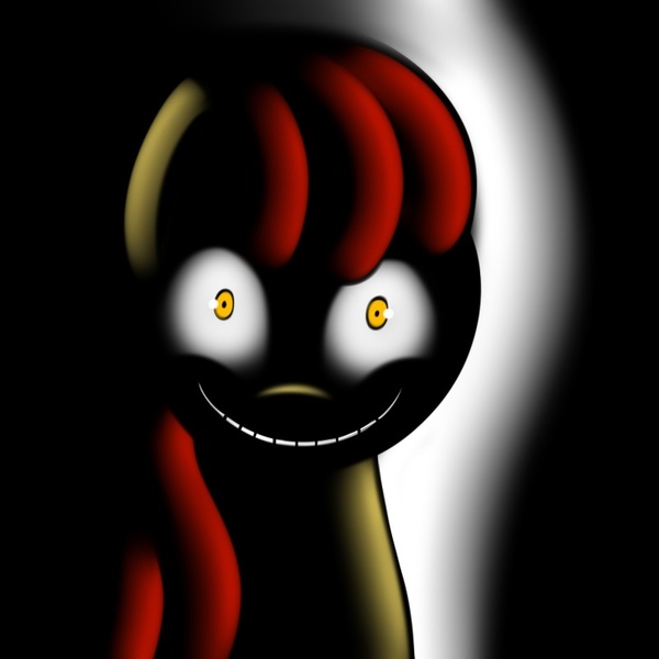 Size: 800x800 | Tagged: source needed, semi-grimdark, artist:kloudmutt, derpibooru import, apple bloom, earth pony, pony, luna game, creepy, creepy bloom, dark, evil, evil grin, female, filly, grin, looking at you, nightmare fuel, slasher bloom, slasher smile, smiling, solo