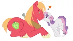 Size: 1014x570 | Tagged: dead source, safe, artist:cartoonlion, derpibooru import, big macintosh, sweetie belle, earth pony, pony, unicorn, boop, eyes closed, female, filly, frown, male, nose wrinkle, noseboop, nuzzling, prone, raised leg, shipping, simple background, smarty belle, smiling, stallion, straight, sweetiemac, white background, wide eyes