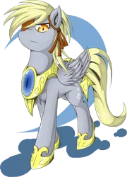 Size: 3755x5215 | Tagged: safe, artist:zaiyaki, derpibooru import, derpy hooves, pegasus, pony, abstract background, armor, epic derpy, eyepatch, female, general derpy, mare, solo