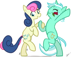 Size: 1100x885 | Tagged: safe, artist:egophiliac, derpibooru import, bon bon, lyra heartstrings, sweetie drops, earth pony, pony, unicorn, adobe imageready, adorabon, bipedal, cute, dancing, eyes closed, female, flower, flower in mouth, holding hooves, lesbian, lyrabetes, lyrabon, mare, mouth hold, open mouth, rose, shipping, simple background, transparent background