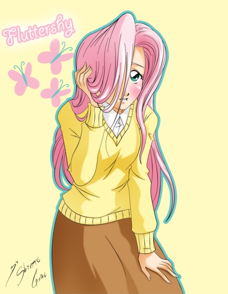 Size: 2362x3048 | Tagged: artist:shinta-girl, clothes, derpibooru import, female, fluttershy, hair over one eye, high res, human, humanized, safe, skirt, solo, sweater, sweatershy