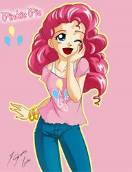 Size: 2362x3069 | Tagged: artist:shinta-girl, clothes, derpibooru import, female, high res, human, humanized, one eye closed, open mouth, pants, pinkie pie, safe, signature, solo, wink