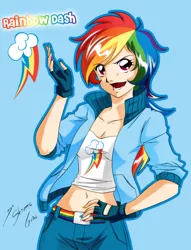 Size: 2362x3084 | Tagged: artist:shinta-girl, belly button, clothes, derpibooru import, female, fingerless gloves, fingernails, gloves, high res, human, humanized, midriff, open mouth, rainbow dash, safe, solo