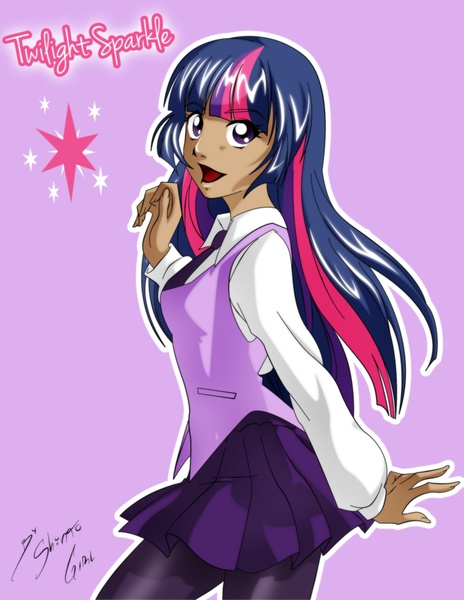 Size: 2362x3053 | Tagged: artist:shinta-girl, clothes, derpibooru import, female, high res, human, humanized, open mouth, pantyhose, safe, skirt, solo, twilight sparkle