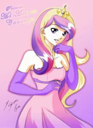 Size: 2362x3250 | Tagged: artist:shinta-girl, bare shoulders, clothes, derpibooru import, dress, evening gloves, female, gloves, gradient background, high res, human, humanized, long gloves, princess cadance, safe, solo