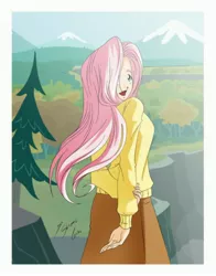 Size: 3331x4245 | Tagged: artist:shinta-girl, clothes, derpibooru import, female, fluttershy, human, humanized, open mouth, rear view, safe, skirt, solo, sweater, sweatershy, windswept mane