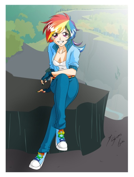 Size: 3123x4116 | Tagged: artist:shinta-girl, clothes, converse, derpibooru import, female, fingerless gloves, gloves, grin, human, humanized, looking at you, rainbow dash, safe, shoes, sitting, skinny, smiling, solo