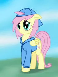 Size: 600x800 | Tagged: safe, artist:zelterxc, derpibooru import, fluttershy, pegasus, pony, alternate hairstyle, backwards ballcap, baseball cap, clothes, female, floppy ears, hat, hoodie, mare, solo