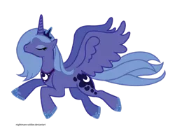 Size: 900x697 | Tagged: dead source, safe, artist:nightmare-soldier, derpibooru import, princess luna, alicorn, pony, adobe imageready, eyes closed, female, flying, mare, s1 luna, simple background, solo, transparent background