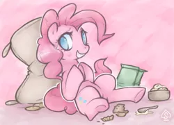 Size: 694x501 | Tagged: safe, artist:soulspade, derpibooru import, pinkie pie, earth pony, pony, female, flour sack, food, grin, mare, no pupils, on back, smiling, solo, spoon, sweets