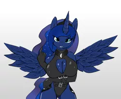 Size: 1903x1550 | Tagged: suggestive, artist:zev, derpibooru import, princess luna, anthro, boob window, both cutie marks, breasts, busty princess luna, cleavage, clothes, curvy, evening gloves, female, femdom, gloves, gray background, image, latex, latex gloves, latex leotard, leotard, looking at you, lunadom, middle finger, png, simple background, smiling, solo, solo female, spread wings, vulgar, wings