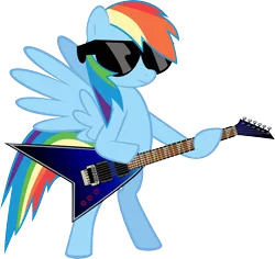 Size: 7134x6724 | Tagged: safe, artist:mysteriouskaos, derpibooru import, rainbow dash, pegasus, pony, absurd resolution, bipedal, electric guitar, female, flying v, guitar, mare, simple background, solo, spread wings, sunglasses, transparent background, vector