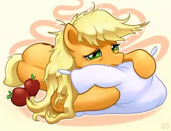 Size: 1000x767 | Tagged: safe, artist:gsphere, derpibooru import, applejack, earth pony, pony, abstract background, apple, bed mane, female, loose hair, mare, morning ponies, obligatory apple, pillow, prone, solo, tired