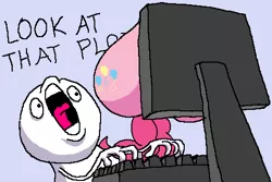 Size: 492x328 | Tagged: safe, derpibooru import, pinkie pie, earth pony, human, pony, balloonbutt, computer, computer screen, female, hand, keyboard, male, mare, meme, open mouth, plot, reaction image, tongue out