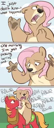 Size: 550x1296 | Tagged: safe, artist:briskby, derpibooru import, big macintosh, fluttershy, bear, earth pony, pony, bearified, brother bear, comic, crossover, disney, duo, female, flutterbear, frown, male, open mouth, ponyback ride, riding, species swap, stallion, talking