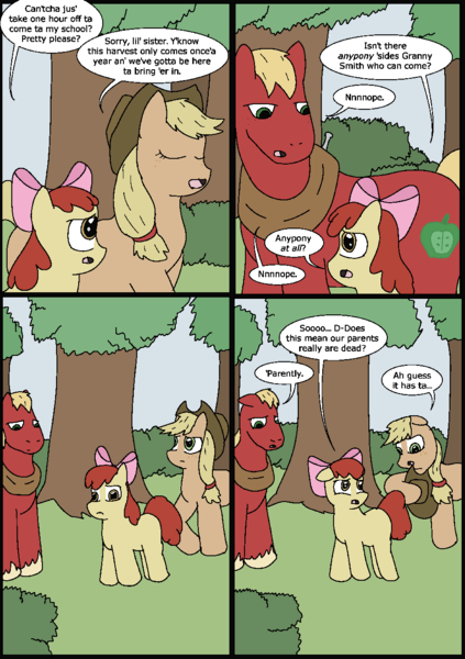 Size: 945x1339 | Tagged: safe, artist:wright-as-rayne, derpibooru import, apple bloom, applejack, big macintosh, earth pony, pony, apple siblings, apple sisters, applejack's parents, brother and sister, comic, female, filly, foal, fridge logic, male, mare, siblings, sisters, speech bubble, stallion, tree, trio
