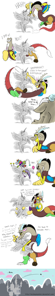 Size: 1232x6523 | Tagged: safe, artist:mickeymonster, derpibooru import, discord, princess celestia, alicorn, pony, bad end, canterlot, comic, discord being discord, dislestia denied, duo, female, mare, petrification, statue, stone, toss