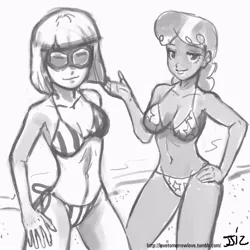 Size: 805x805 | Tagged: artist:johnjoseco, beach, bikini, breasts, clothes, derpibooru import, duo, duo female, female, grayscale, human, humanized, monochrome, photo finish, safe, sapphire shores, skinny, star printed swimsuit, striped swimsuit, swimsuit
