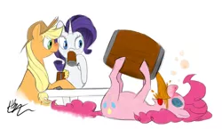Size: 1216x704 | Tagged: safe, artist:prixt, derpibooru import, applejack, pinkie pie, rarity, earth pony, pony, unicorn, barrel, cider, drink, drunk, drunk aj, drunk rarity, drunkie pie, female, mare, on back, swirly eyes, table, tongue out, uncouth
