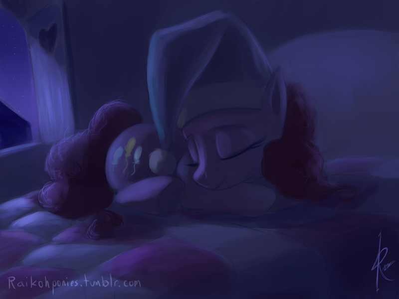 Size: 1024x768 | Tagged: safe, artist:raikoh, derpibooru import, pinkie pie, earth pony, pony, bed, female, hat, mare, night, nightcap, sleeping, smiling, solo, window