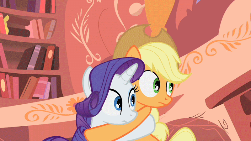 Size: 853x480 | Tagged: safe, derpibooru import, screencap, applejack, rarity, earth pony, pony, unicorn, look before you sleep, animated, duo, duo female, female, friendshipping, gif, golden oaks library, hug, mare, shipping fuel