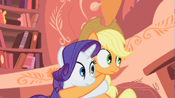 Size: 853x480 | Tagged: safe, derpibooru import, screencap, applejack, rarity, earth pony, pony, unicorn, look before you sleep, animated, duo, duo female, female, friendshipping, gif, golden oaks library, hug, mare, shipping fuel