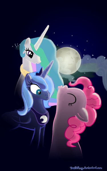 Size: 1000x1600 | Tagged: safe, artist:deathpwny, derpibooru import, pinkie pie, princess celestia, princess luna, alicorn, earth pony, pony, female, mare, meme, moon, night, s1 luna, three wolf moon