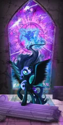 Size: 1696x3333 | Tagged: safe, artist:giuliabeck, derpibooru import, nightmare moon, alicorn, pony, female, mare, ruins, solo, spread wings, stained glass, wings