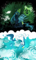 Size: 2975x4911 | Tagged: safe, artist:artist-apprentice587, derpibooru import, queen chrysalis, oc, oc:papillon, butterfly, changeling, changeling queen, flutter pony, insect, crown, duality, floppy ears, flutter pony alicorn, image, jewelry, jpeg, looking down, princess chrysalis, prone, raised hoof, regalia, sitting