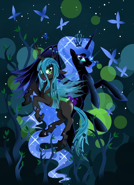 Size: 2550x3501 | Tagged: safe, artist:artist-apprentice587, derpibooru import, nightmare moon, queen chrysalis, alicorn, butterfly, changeling, changeling queen, pony, :p, abstract background, crown, cute, cutealis, duo, duo female, female, flying, freckles, frown, glare, high res, image, jpeg, lidded eyes, looking at you, mare, missing accessory, mlem, moonabetes, nightmare mlem, open mouth, rearing, silly, smiling, tongue out