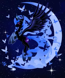 Size: 2904x3501 | Tagged: safe, artist:artist-apprentice587, derpibooru import, nightmare moon, alicorn, butterfly, pony, blushing, crescent moon, cute, eyes closed, female, flying, high res, mare, moon, moonabetes, rearing, solo, space, stars