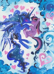 Size: 2550x3490 | Tagged: safe, artist:artist-apprentice587, derpibooru import, princess luna, twilight sparkle, alicorn, pony, unicorn, abstract background, female, heart, high res, lesbian, mare, shipping, traditional art, twiluna, watercolor painting