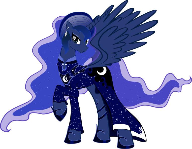 Size: 3155x2446 | Tagged: safe, artist:artist-apprentice587, derpibooru import, princess luna, alicorn, pony, 70s, afro, alternate hairstyle, clothes, disco, dress, ear piercing, female, high res, mare, piercing, raised hoof, simple background, solo, transparent background