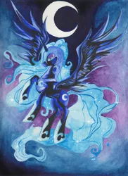 Size: 2550x3501 | Tagged: safe, artist:artist-apprentice587, derpibooru import, nightmare moon, alicorn, pony, crescent moon, female, high res, mare, moon, rearing, solo, spread wings, traditional art, watercolor painting, wings