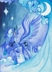 Size: 1652x2298 | Tagged: safe, artist:artist-apprentice587, derpibooru import, princess luna, alicorn, pony, crescent moon, female, looking back, mare, raised hoof, solo, traditional art, watercolor painting