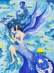 Size: 2490x3376 | Tagged: artist:artist-apprentice587, barefoot, clothes, derpibooru import, dress, elf ears, eyes closed, feet, high res, horned humanization, human, humanized, princess luna, safe, side, solo, stars, traditional art, winged humanization, wings