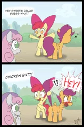 Size: 680x1022 | Tagged: safe, artist:melancholy, derpibooru import, apple bloom, scootaloo, sweetie belle, earth pony, pegasus, pony, unicorn, angry, blushing, chicken butt, comic, cutie mark crusaders, dialogue, female, filly, lip bite, music notes, no pupils, plot, scootabutt, scootachicken, scootaloo is not amused, tail, tail pull