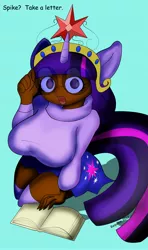Size: 1700x2880 | Tagged: artist:requiems-dirge, big crown thingy, book, breasts, busty twilight sparkle, clothes, dark skin, derpibooru import, eared humanization, element of magic, female, glasses, horned humanization, human, humanized, safe, skirt, socks, solo, sweater, tailed humanization, twilight sparkle