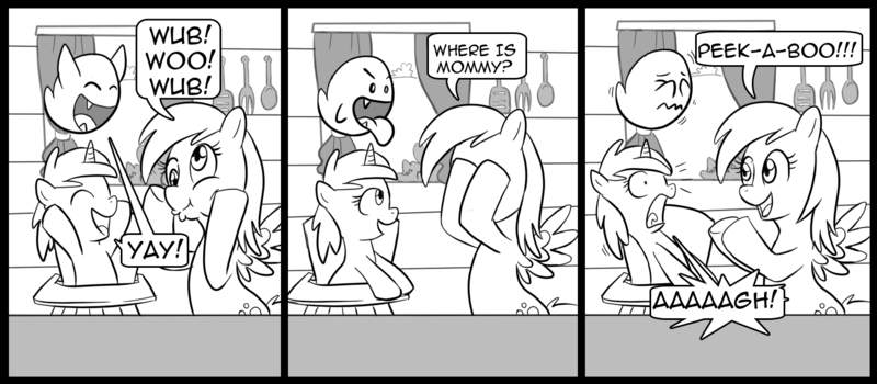 Size: 1500x656 | Tagged: safe, artist:madmax, derpibooru import, derpy hooves, dinky hooves, ghost, pegasus, pony, undead, unicorn, boo (super mario), comic, female, filly, kitchen, mare, mario, monochrome, peekaboo, super mario bros., underp