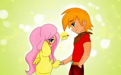Size: 2474x1530 | Tagged: safe, artist:girlofthe21stcentury, derpibooru import, big macintosh, fluttershy, human, abstract background, blushing, clothes, cute, female, fluttermac, humanized, male, shipping, straight, sweater, sweatershy, winged humanization, wings, yay