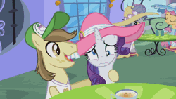 Size: 640x360 | Tagged: safe, derpibooru import, screencap, hayseed turnip truck, pish posh, rarity, silver frames, swan dive, swan song, earth pony, pony, unicorn, sweet and elite, animated, bucktooth, clothes, female, gif, hat, male, mare, shaking, stallion, talking
