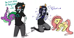 Size: 1159x593 | Tagged: safe, artist:squidbiscuit, derpibooru import, fluttershy, spike, dragon, pegasus, pony, crossover, equius zahhak, female, homestuck, l33tspeak, male, mare, scared, simple background, sweat, tail hold, terezi pyrope, trembling, troll (homestuck), white background