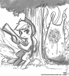 Size: 909x1000 | Tagged: semi-grimdark, artist:johnjoseco, derpibooru import, applejack, earth pony, pony, bipedal, female, gun, mare, monochrome, shotgun, slugbox, tentacles, tree, weapon