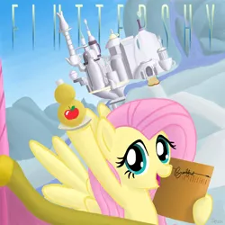 Size: 1000x1000 | Tagged: safe, artist:kefkafloyd, derpibooru import, fluttershy, ponified, pegasus, pony, album cover, apple, breakfast in america, cover, drink, female, mare, parody, ponified album cover, smiling, solo, supertramp