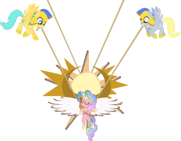 Size: 5552x4316 | Tagged: safe, artist:tensaioni, derpibooru import, derpy hooves, pinkie pie, sunshower raindrops, earth pony, pegasus, pony, absurd resolution, cardboard, eyes closed, fake alicorn, fake celestia, fake horn, fake wings, female, flying, gritted teeth, mare, mouth hold, rope, simple background, smiling, spread wings, sun, transparent background, trio, trio female