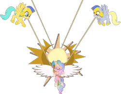 Size: 5552x4316 | Tagged: safe, artist:tensaioni, derpibooru import, derpy hooves, pinkie pie, sunshower raindrops, earth pony, pegasus, pony, absurd resolution, cardboard, eyes closed, fake alicorn, fake celestia, fake horn, fake wings, female, flying, gritted teeth, mare, mouth hold, rope, simple background, smiling, spread wings, sun, transparent background, trio, trio female